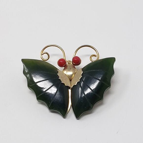 Gold-tone & Faux Jade Green Stone Red Eye Butterfly Brooch - Picture 5 of 8